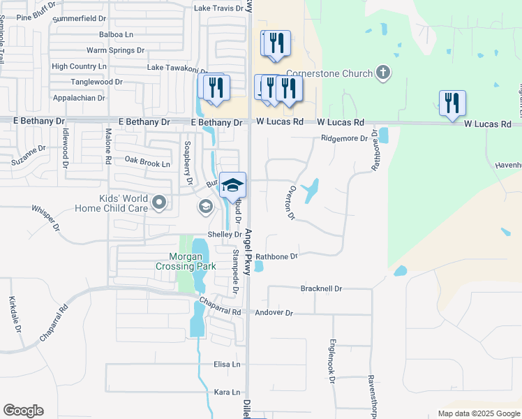 map of restaurants, bars, coffee shops, grocery stores, and more near 5703 Hathaway Drive in Allen