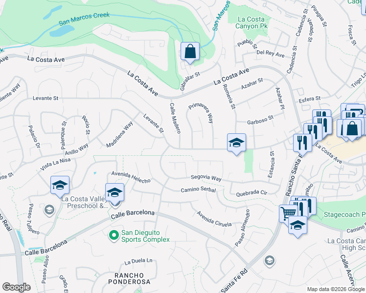 map of restaurants, bars, coffee shops, grocery stores, and more near 2904 Levante Street in Carlsbad