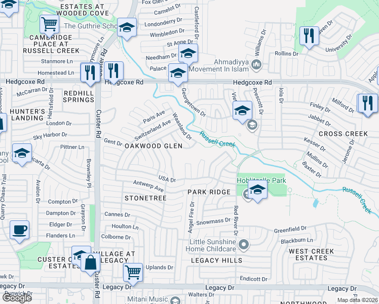 map of restaurants, bars, coffee shops, grocery stores, and more near 7613 Hove Court in Plano