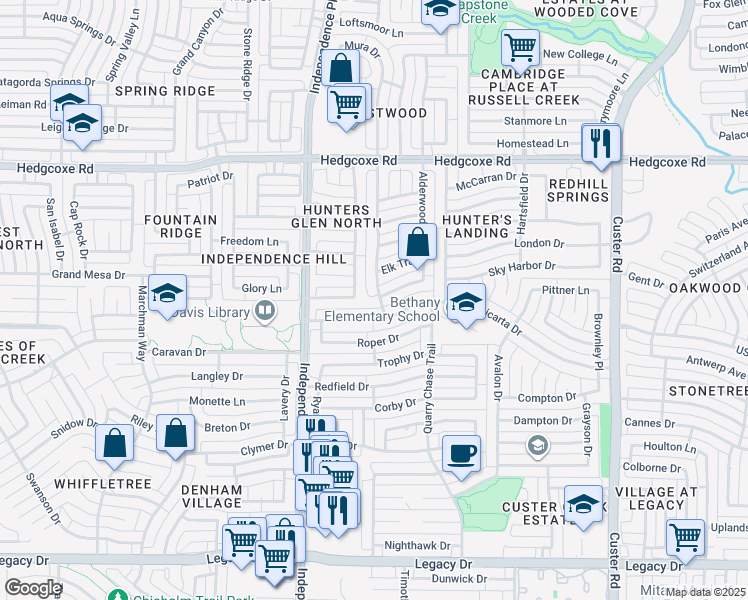 map of restaurants, bars, coffee shops, grocery stores, and more near 7705 Case Drive in Plano