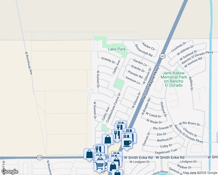 map of restaurants, bars, coffee shops, grocery stores, and more near 44492 Copper Trail in Maricopa