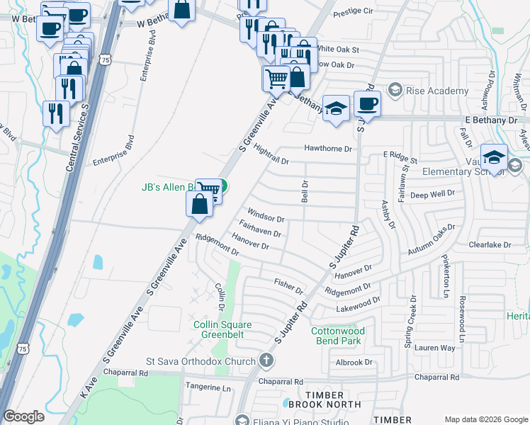 map of restaurants, bars, coffee shops, grocery stores, and more near 519 Windsor Drive in Allen