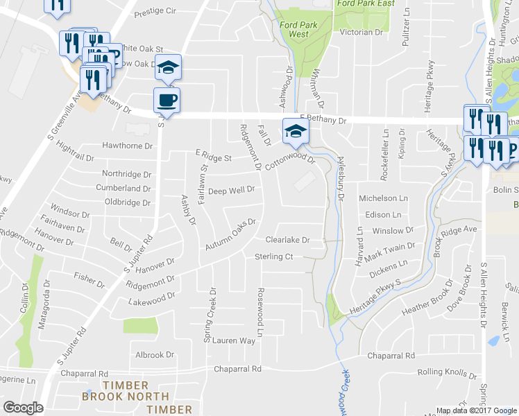 map of restaurants, bars, coffee shops, grocery stores, and more near 736 Bent Creek Drive in Allen
