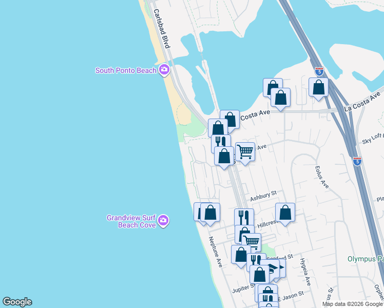 map of restaurants, bars, coffee shops, grocery stores, and more near 1856 Parliament Road in Encinitas