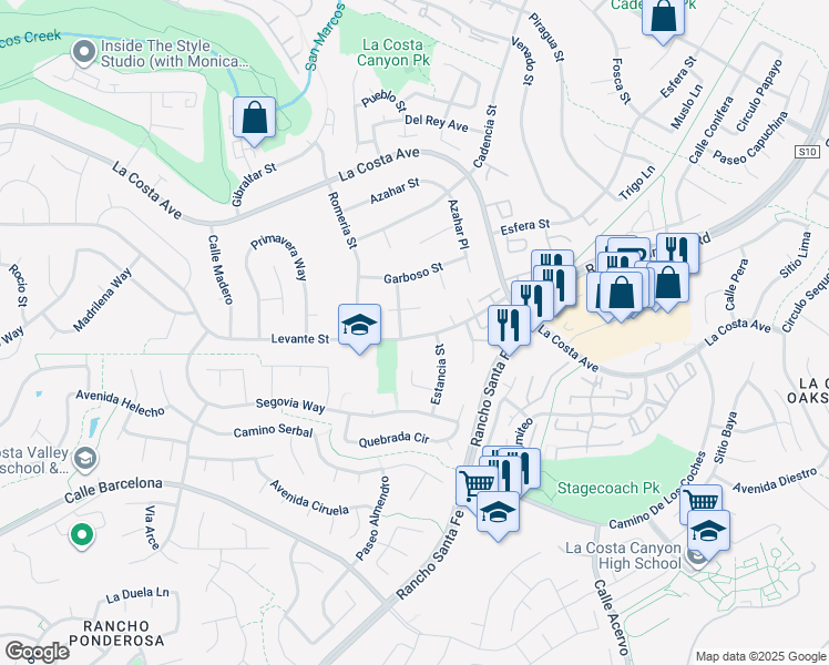 map of restaurants, bars, coffee shops, grocery stores, and more near 3104 Levante Street in Carlsbad