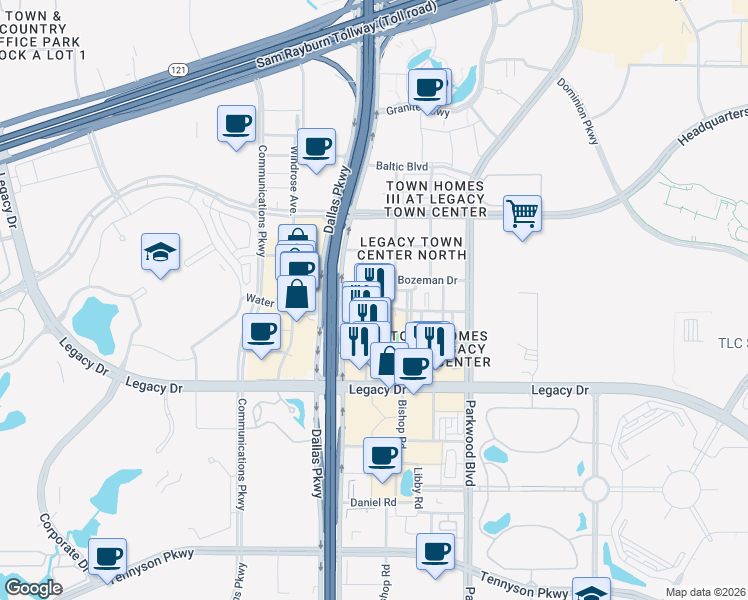 map of restaurants, bars, coffee shops, grocery stores, and more near 5851 Legacy Circle in Plano