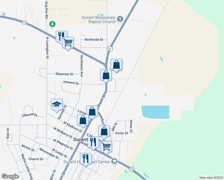 map of restaurants, bars, coffee shops, grocery stores, and more near 45 Ethel Street in Durant