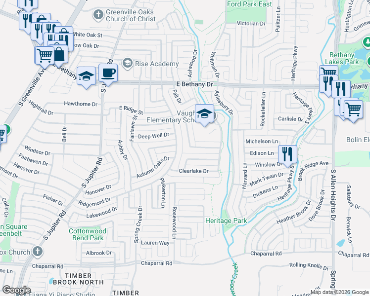 map of restaurants, bars, coffee shops, grocery stores, and more near 812 Cedar Crest Lane in Allen
