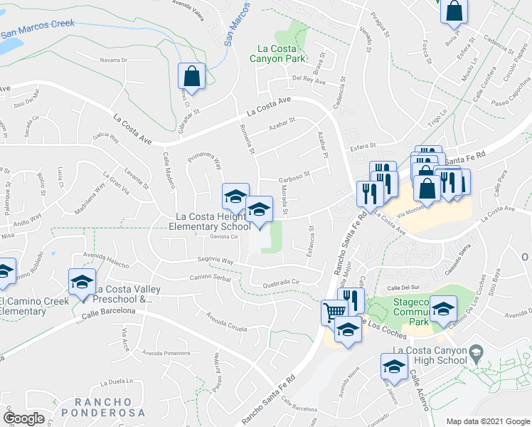 map of restaurants, bars, coffee shops, grocery stores, and more near 3034 Levante Street in Carlsbad
