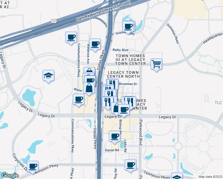 map of restaurants, bars, coffee shops, grocery stores, and more near 5840 Legacy Circle in Plano