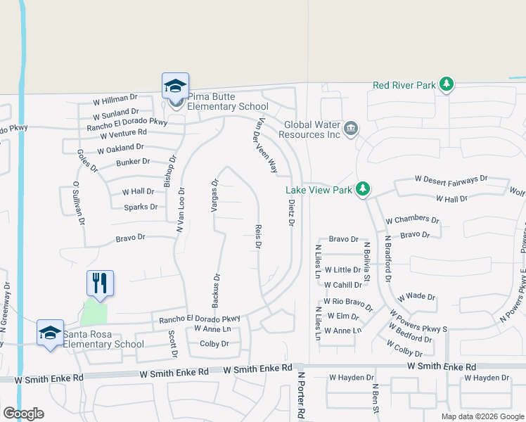 map of restaurants, bars, coffee shops, grocery stores, and more near 22107 Reis Drive in Maricopa