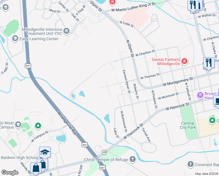 map of restaurants, bars, coffee shops, grocery stores, and more near 333 West Thomas Court in Milledgeville