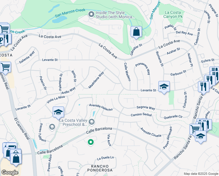 map of restaurants, bars, coffee shops, grocery stores, and more near 7767 Calina Way in Carlsbad