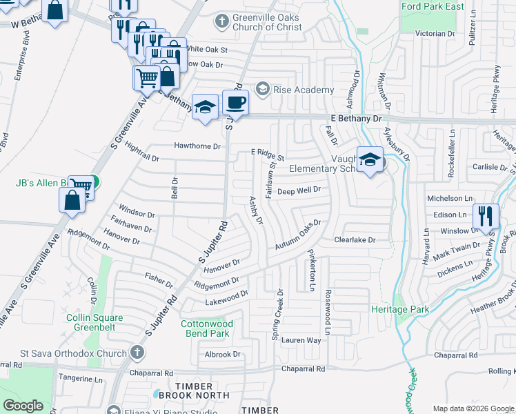 map of restaurants, bars, coffee shops, grocery stores, and more near 1005 Ashby Drive in Allen