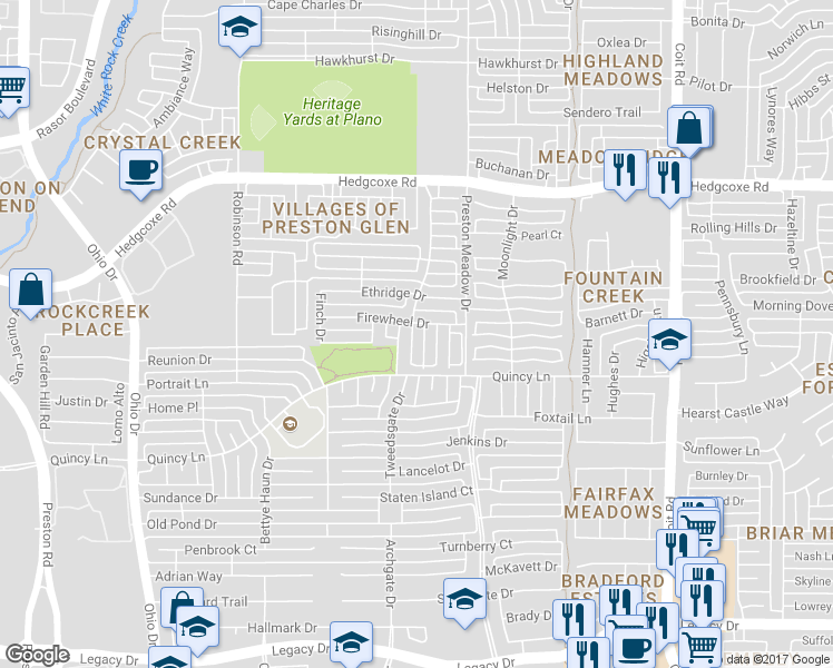 map of restaurants, bars, coffee shops, grocery stores, and more near 7613 New Heart Drive in Plano