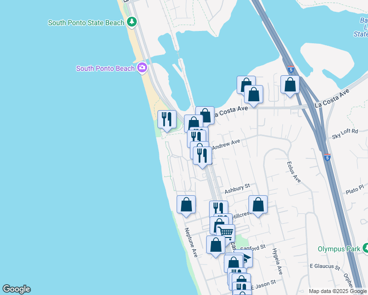 map of restaurants, bars, coffee shops, grocery stores, and more near 1853 Haymarket Road in Encinitas