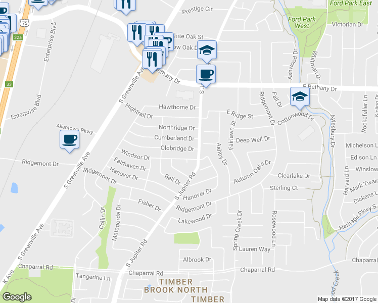 map of restaurants, bars, coffee shops, grocery stores, and more near 568 Oldbridge Drive in Allen