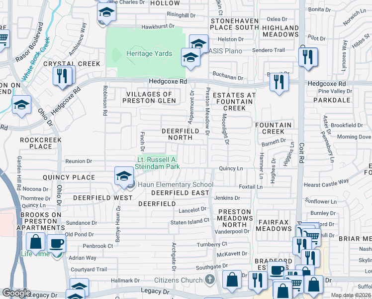 map of restaurants, bars, coffee shops, grocery stores, and more near 7613 New Heart Drive in Plano