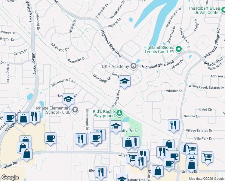 map of restaurants, bars, coffee shops, grocery stores, and more near 625 Sugarloaf Court in Highland Village
