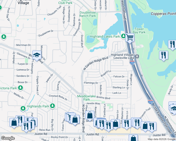 map of restaurants, bars, coffee shops, grocery stores, and more near 1417 Primrose Lane in Lewisville