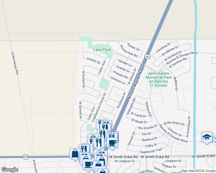 map of restaurants, bars, coffee shops, grocery stores, and more near Cobblestone Farms Drive in Maricopa