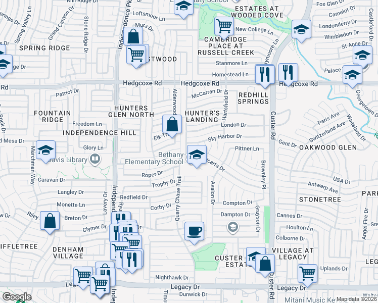 map of restaurants, bars, coffee shops, grocery stores, and more near 2449 Micarta Drive in Plano