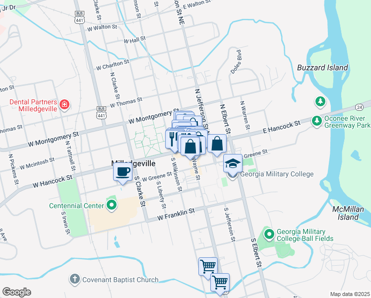 map of restaurants, bars, coffee shops, grocery stores, and more near 108 W Hancock St in Milledgeville