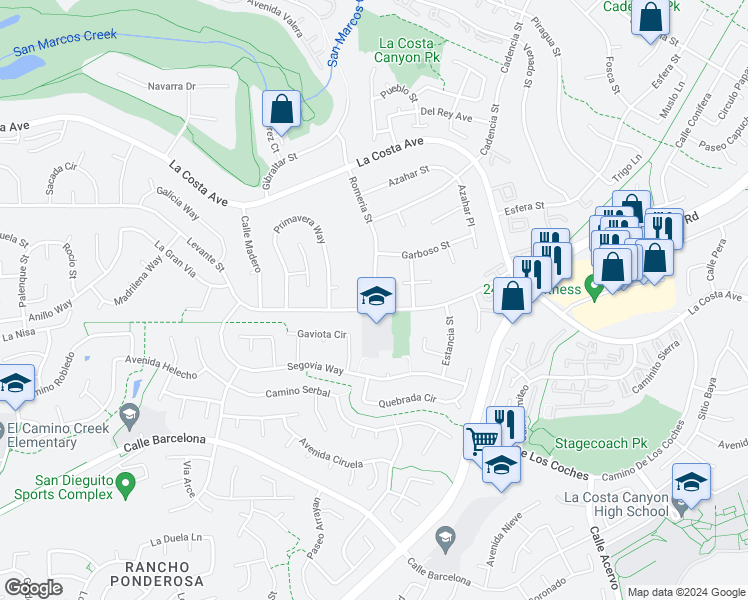 map of restaurants, bars, coffee shops, grocery stores, and more near 3034 Levante Street in Carlsbad