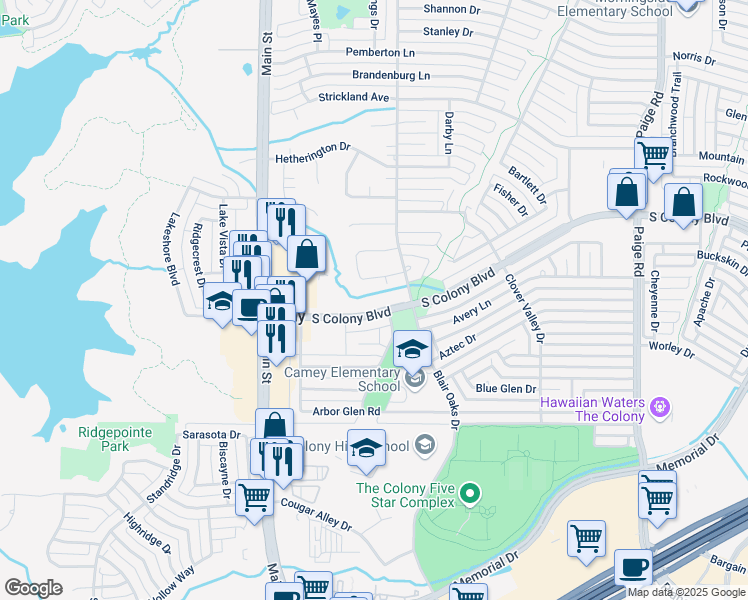 map of restaurants, bars, coffee shops, grocery stores, and more near 4921 South Colony Boulevard in Lewisville