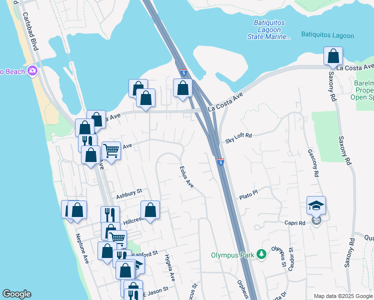 map of restaurants, bars, coffee shops, grocery stores, and more near 466 Andrew Avenue in Encinitas