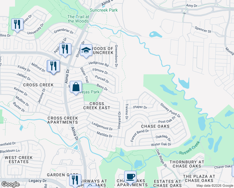 map of restaurants, bars, coffee shops, grocery stores, and more near 7800 Roberta Drive in Plano