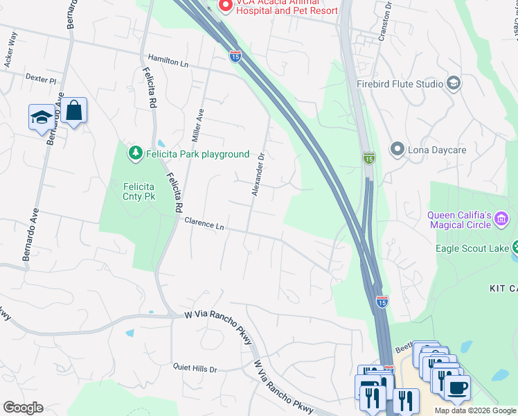 map of restaurants, bars, coffee shops, grocery stores, and more near 2724 Alexander Drive in Escondido