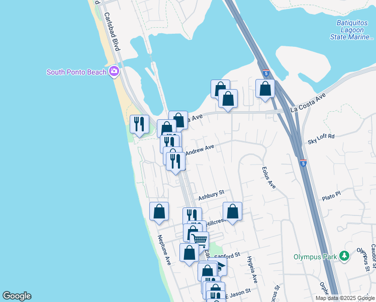 map of restaurants, bars, coffee shops, grocery stores, and more near 157 Andrew Avenue in Encinitas