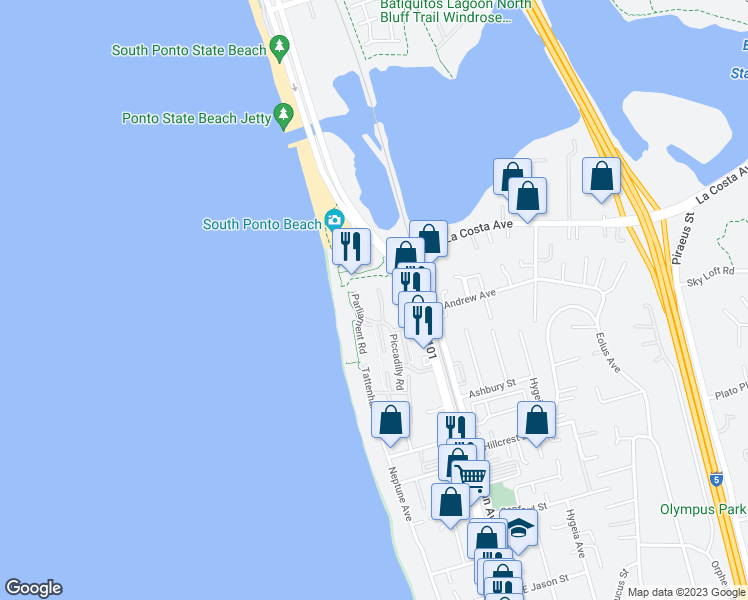 map of restaurants, bars, coffee shops, grocery stores, and more near 1860 Haymarket Road in Encinitas