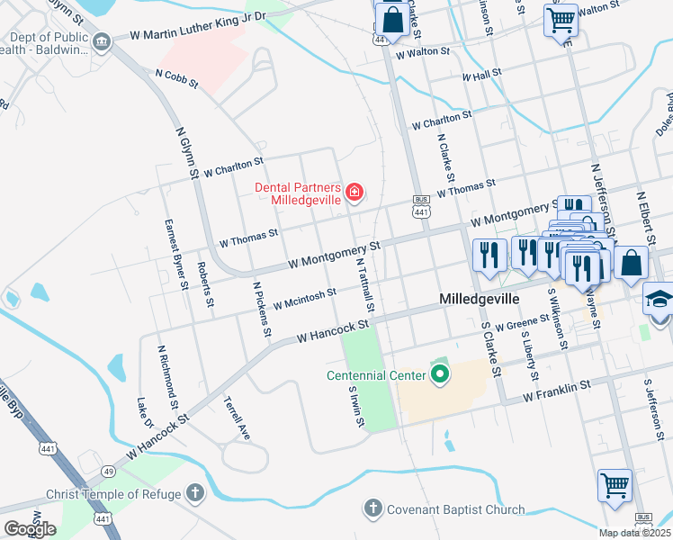 map of restaurants, bars, coffee shops, grocery stores, and more near 210 North Irwin Street in Milledgeville
