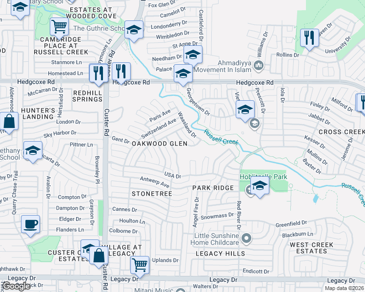 map of restaurants, bars, coffee shops, grocery stores, and more near 7600 England Drive in Plano