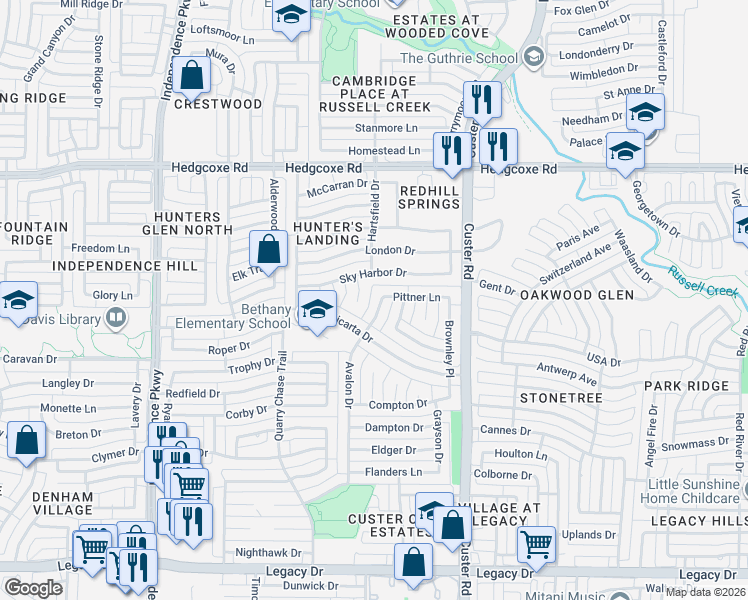 map of restaurants, bars, coffee shops, grocery stores, and more near 7708 Orly Court in Plano