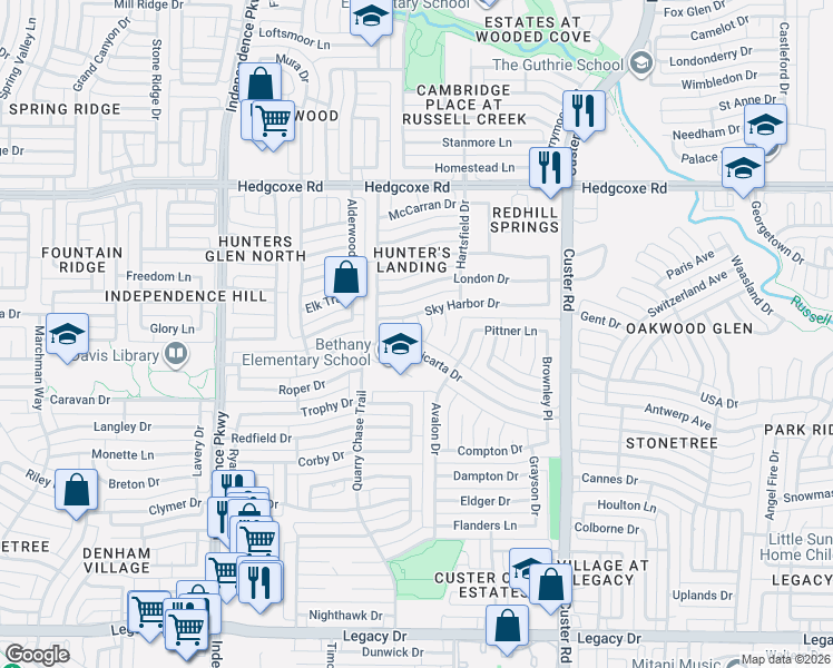 map of restaurants, bars, coffee shops, grocery stores, and more near 2425 Micarta Drive in Plano