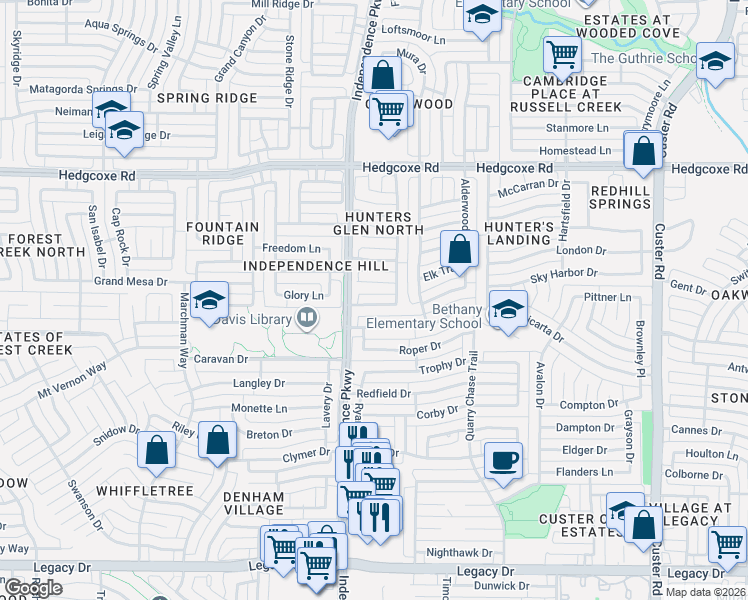 map of restaurants, bars, coffee shops, grocery stores, and more near 2812 Val Verde Drive in Plano