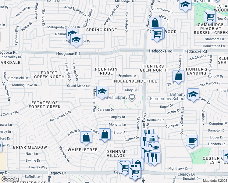 map of restaurants, bars, coffee shops, grocery stores, and more near 3305 Marcedonia Drive in Plano