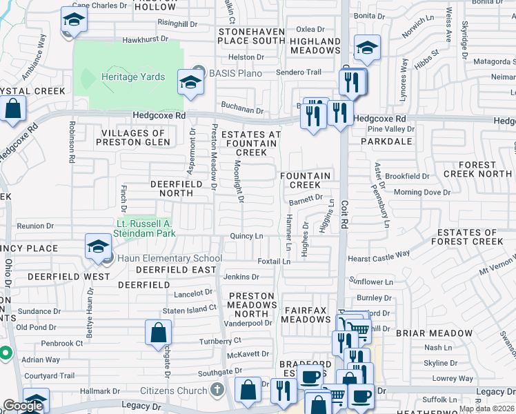 map of restaurants, bars, coffee shops, grocery stores, and more near 4320 Cutter Springs Court in Plano