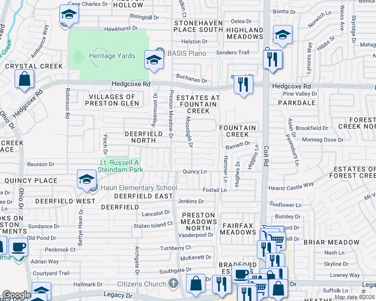 map of restaurants, bars, coffee shops, grocery stores, and more near 4404 Cutter Springs Court in Plano
