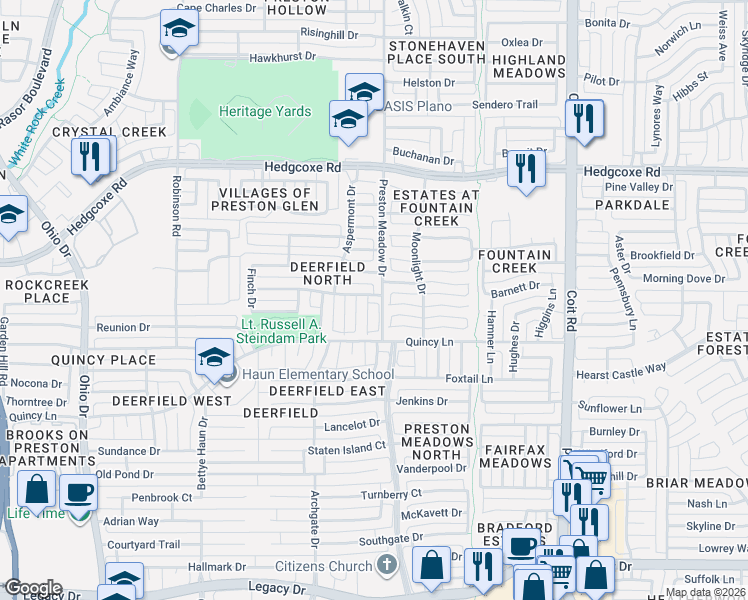 map of restaurants, bars, coffee shops, grocery stores, and more near 7608 Valleen Drive in Plano