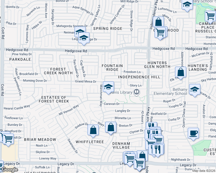 map of restaurants, bars, coffee shops, grocery stores, and more near 3333 Marcedonia Drive in Plano