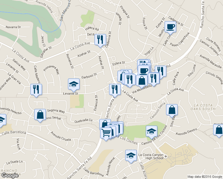 map of restaurants, bars, coffee shops, grocery stores, and more near 7763 Calle Andar in Carlsbad