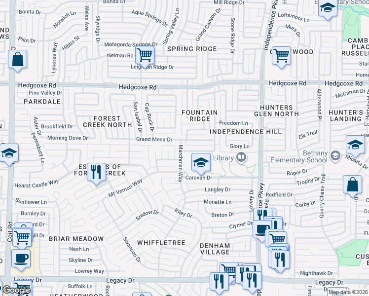 map of restaurants, bars, coffee shops, grocery stores, and more near 3333 Marcedonia Drive in Plano