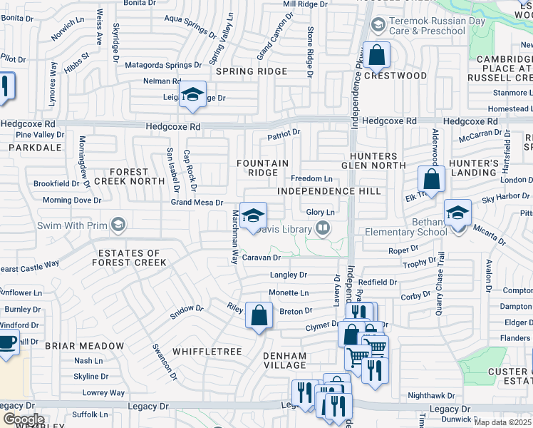map of restaurants, bars, coffee shops, grocery stores, and more near 3317 Marcedonia Drive in Plano