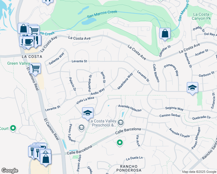 map of restaurants, bars, coffee shops, grocery stores, and more near 2270 Vista La Nisa in Carlsbad