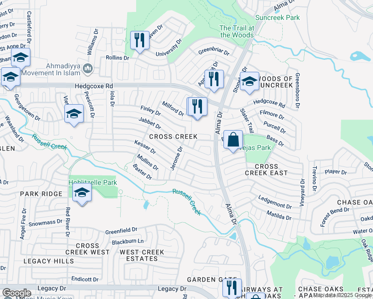 map of restaurants, bars, coffee shops, grocery stores, and more near 7612 Jerome Drive in Plano