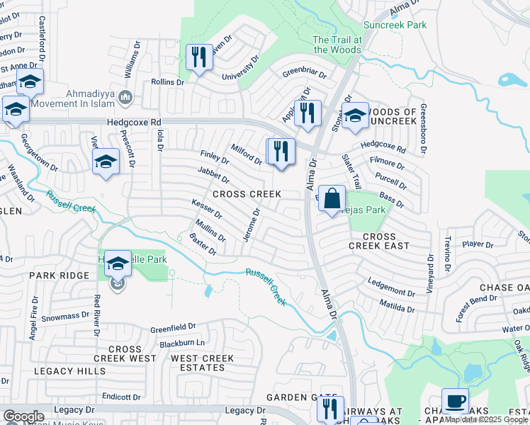 map of restaurants, bars, coffee shops, grocery stores, and more near 7612 Jerome Drive in Plano
